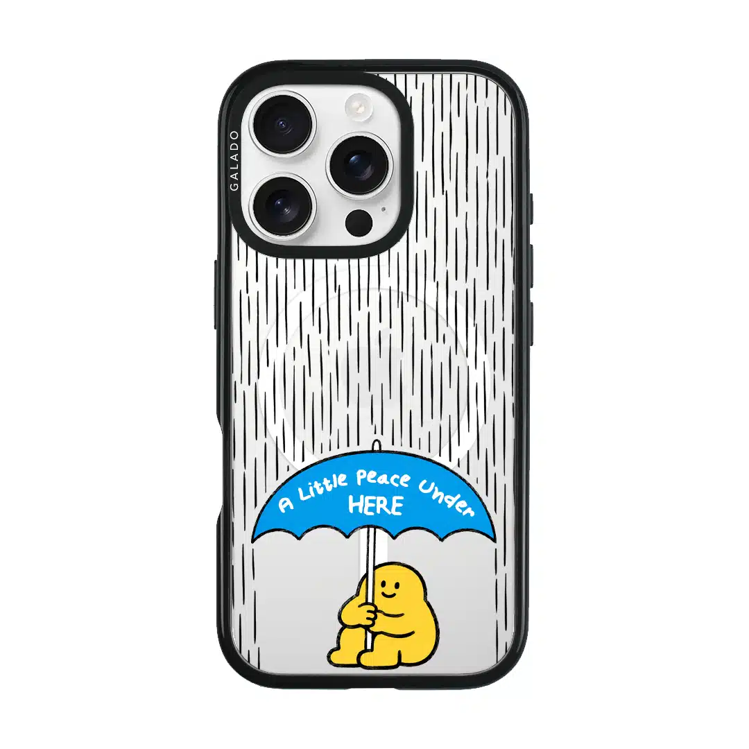 My Little Peace phone case, Kurning under a blue umbrella in the rain reading A little peace under here
