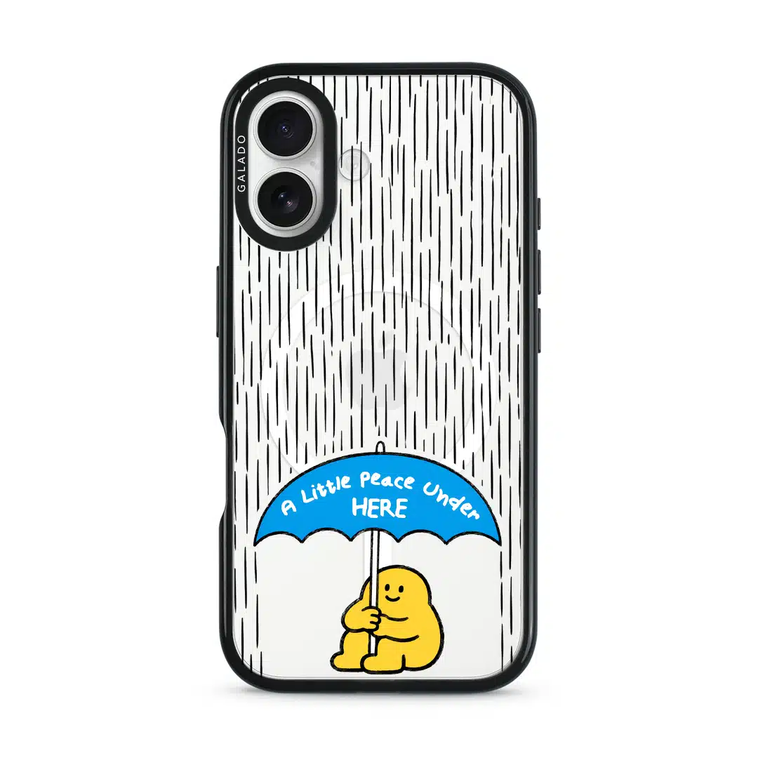 My Little Peace phone case, Kurning under a blue umbrella in the rain reading A little peace under here