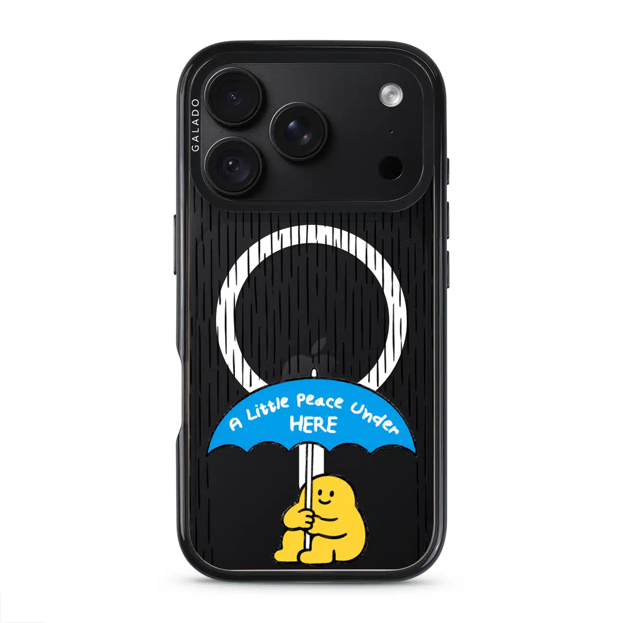 My Little Peace phone case, Kurning under a blue umbrella in the rain reading A little peace under here