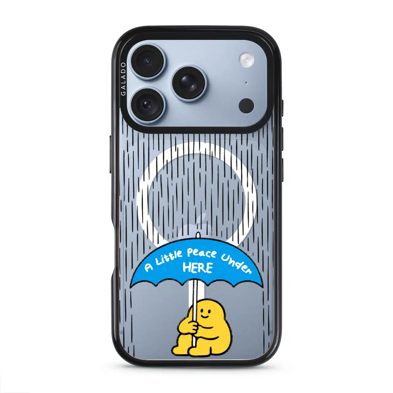 My Little Peace phone case, Kurning under a blue umbrella in the rain reading A little peace under here