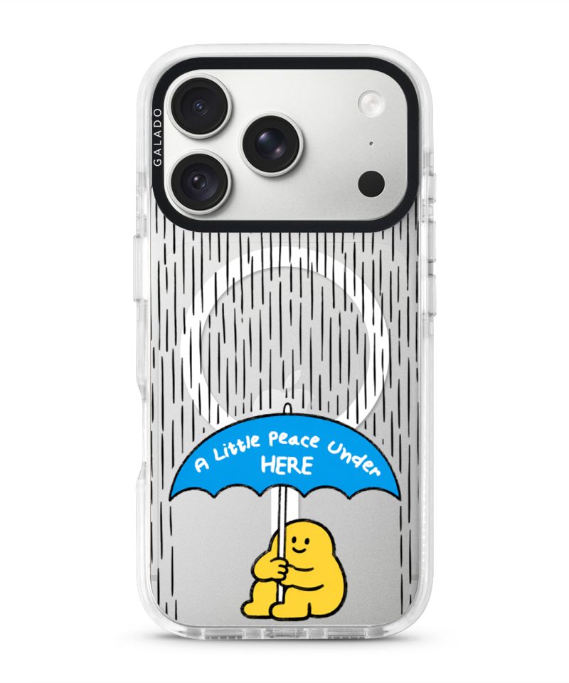 My Little Peace phone case, Kurning under a blue umbrella in the rain reading A little peace under here