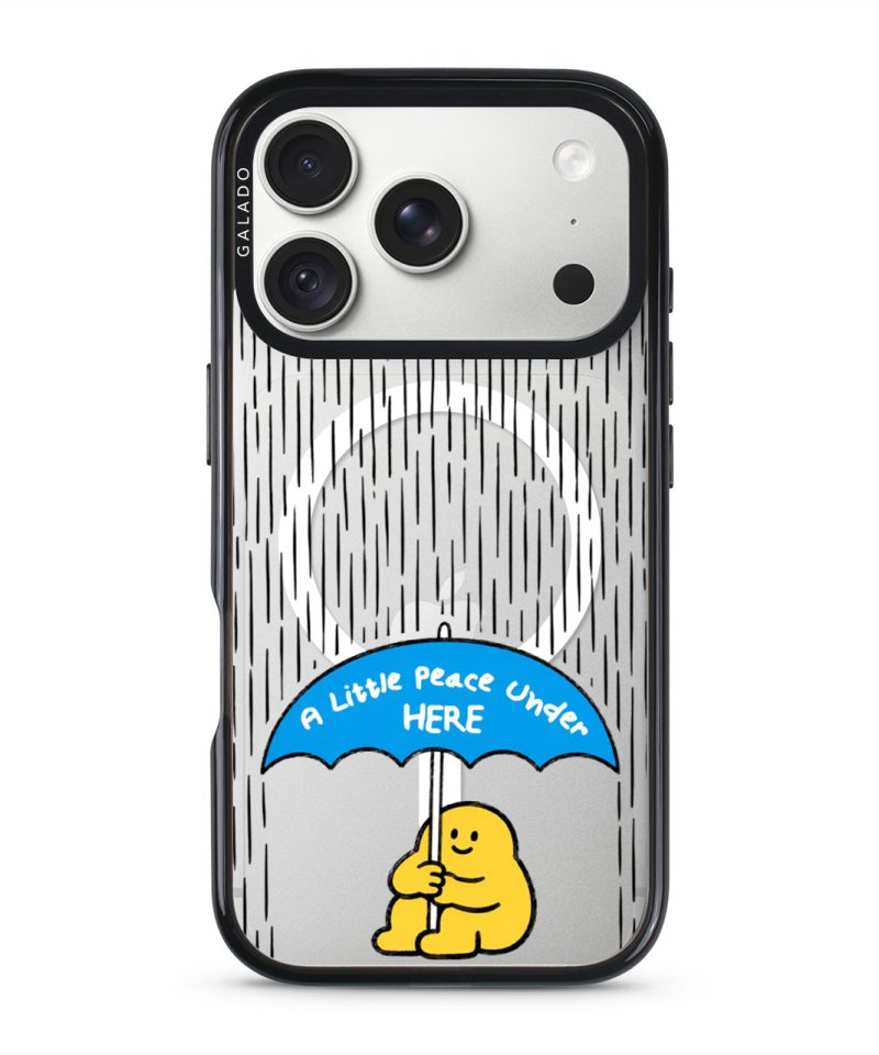 My Little Peace phone case, Kurning under a blue umbrella in the rain reading A little peace under here