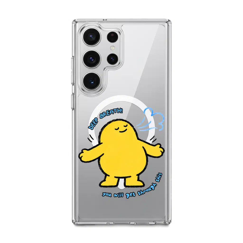 One Deep Breath phone case, Kurning taking a deep breath above the words you will get through this