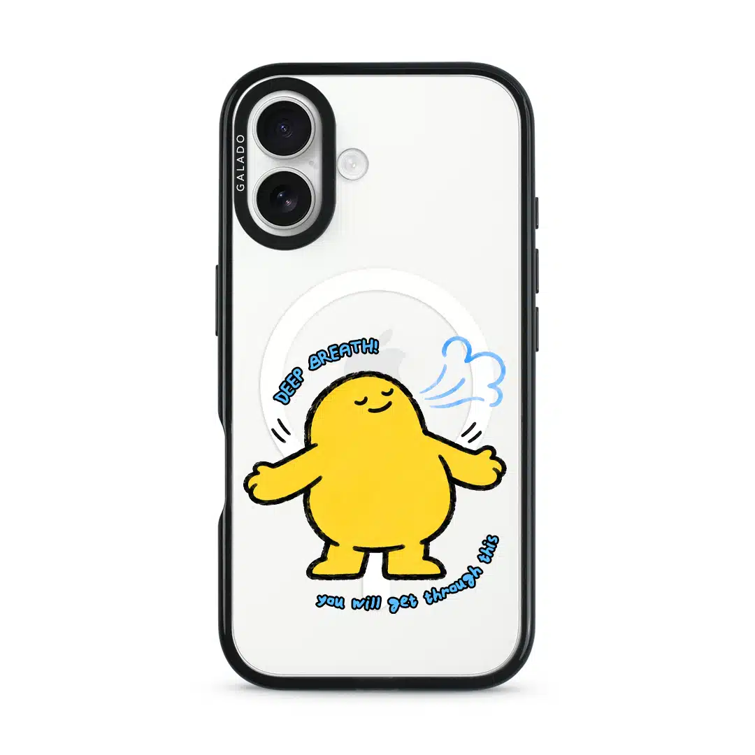One Deep Breath phone case, Kurning taking a deep breath above the words you will get through this