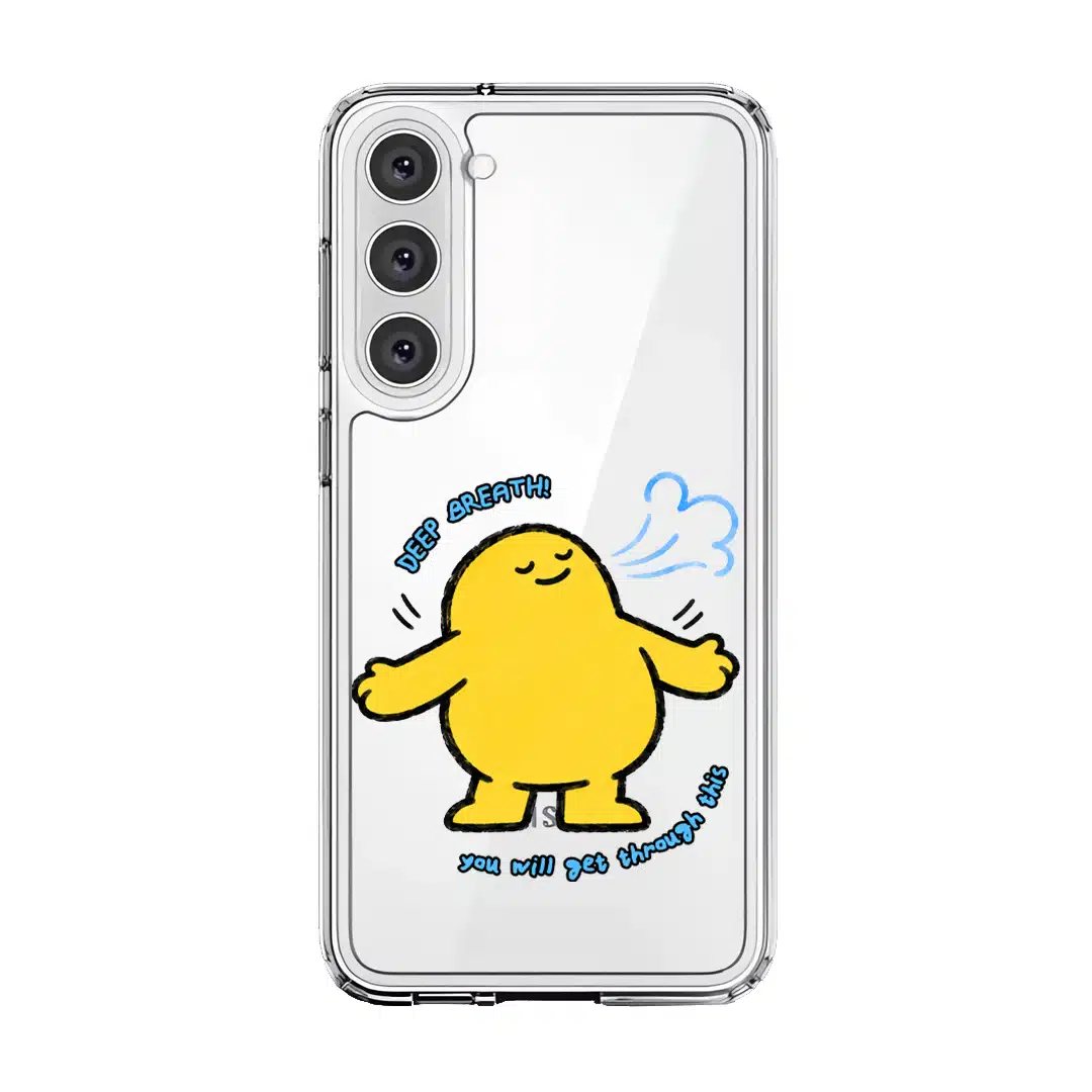 One Deep Breath phone case, Kurning taking a deep breath above the words you will get through this