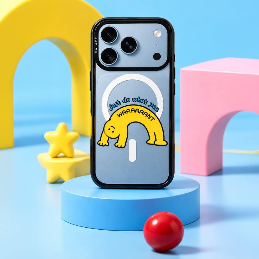 Stay Weird phone case from Kurning's Notes on a blue stand with yellow stars