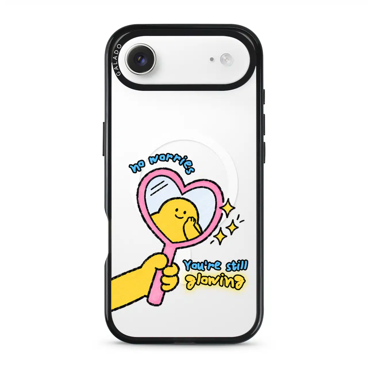 Self Love Club phone case, Kurning in a pink heart mirror with the words no worries, You're still glowing