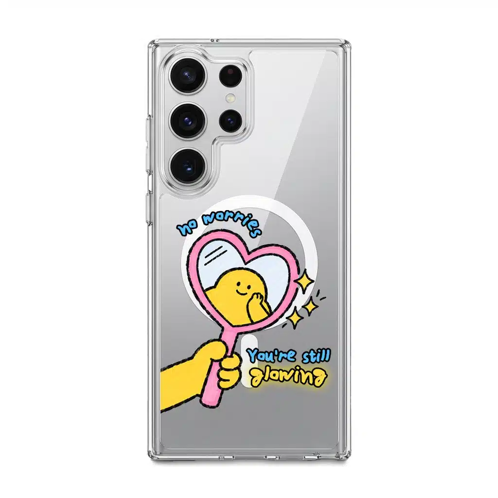 Self Love Club phone case, Kurning in a pink heart mirror with the words no worries, You're still glowing