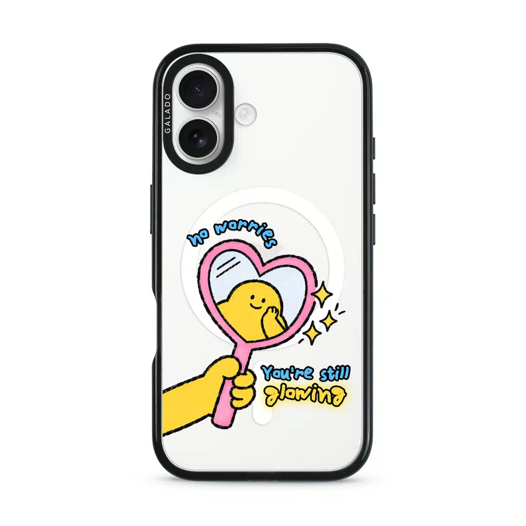 Self Love Club phone case, Kurning in a pink heart mirror with the words no worries, You're still glowing