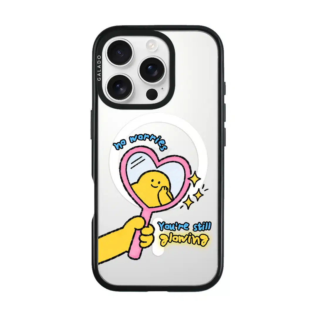 Self Love Club phone case, Kurning in a pink heart mirror with the words no worries, You're still glowing