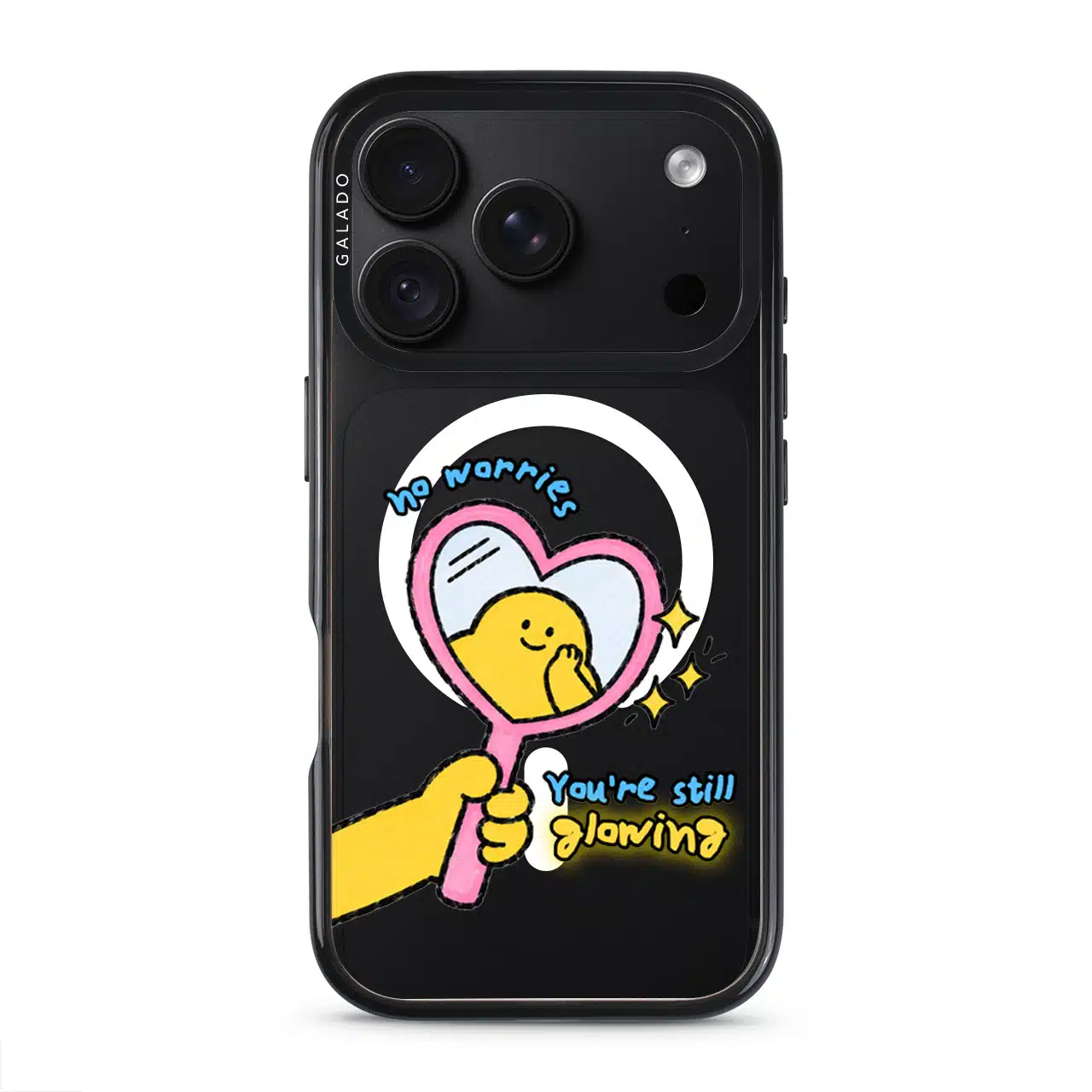 Self Love Club phone case, Kurning in a pink heart mirror with the words no worries, You're still glowing