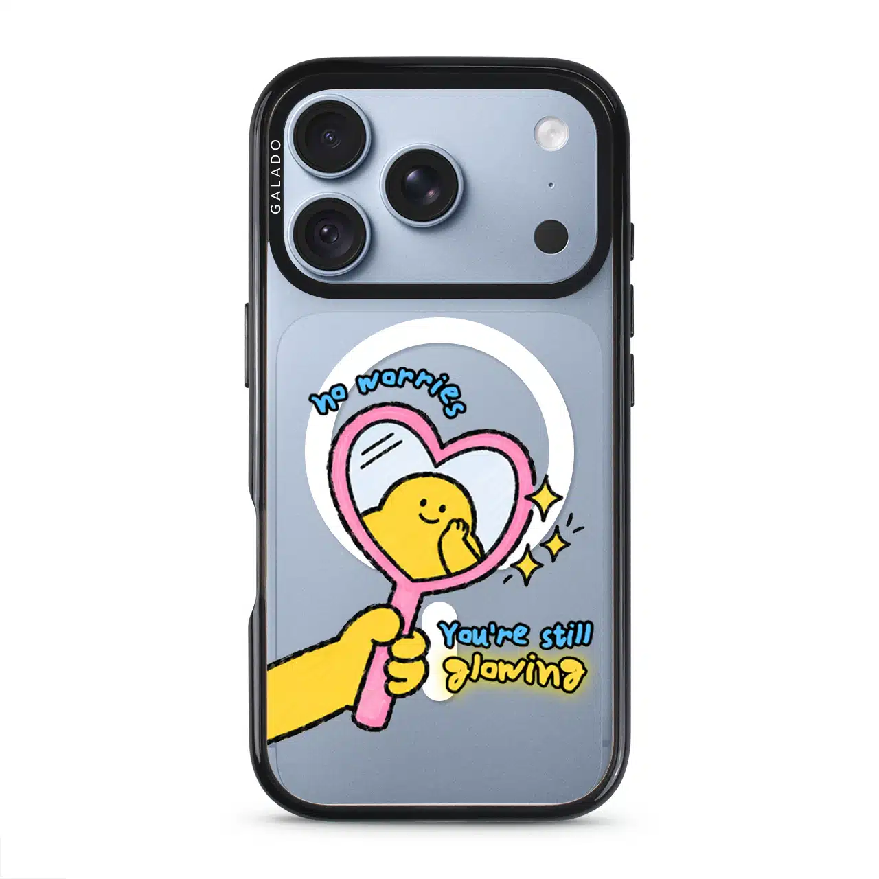 Self Love Club phone case, Kurning in a pink heart mirror with the words no worries, You're still glowing