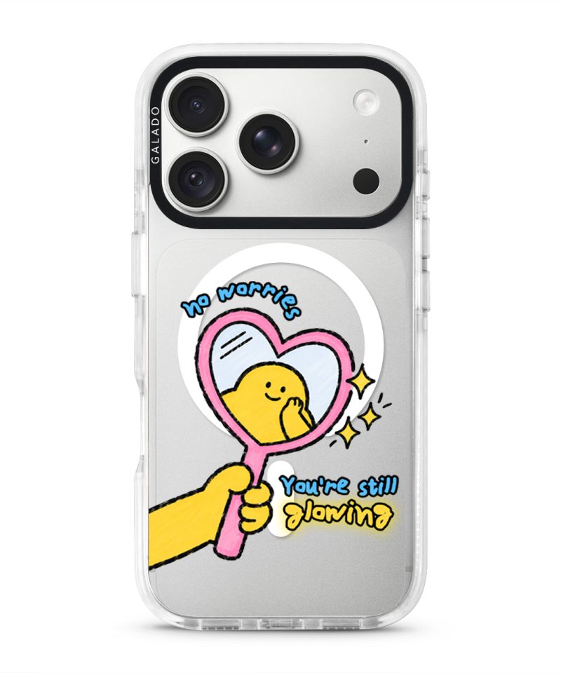 Self Love Club phone case, Kurning in a pink heart mirror with the words no worries, You're still glowing