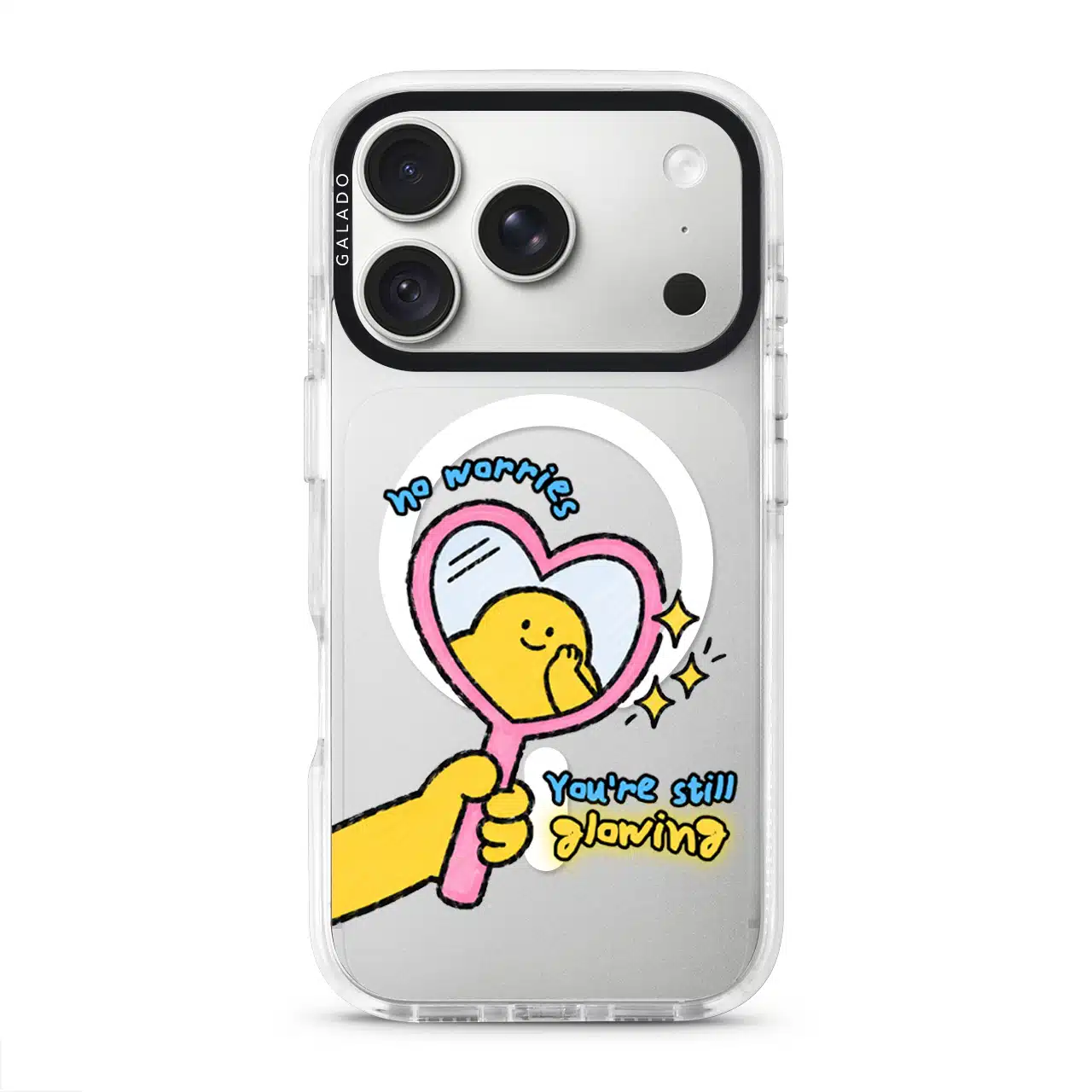 Self Love Club phone case, Kurning in a pink heart mirror with the words no worries, You're still glowing