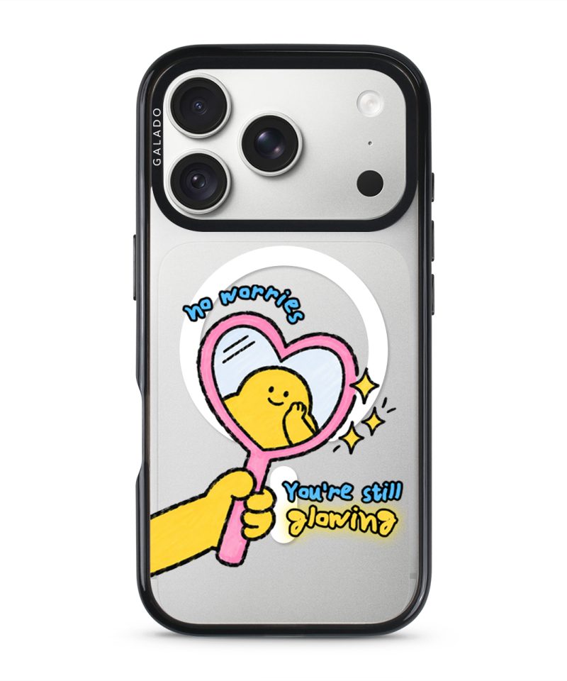 Self Love Club phone case, Kurning in a pink heart mirror with the words no worries, You're still glowing