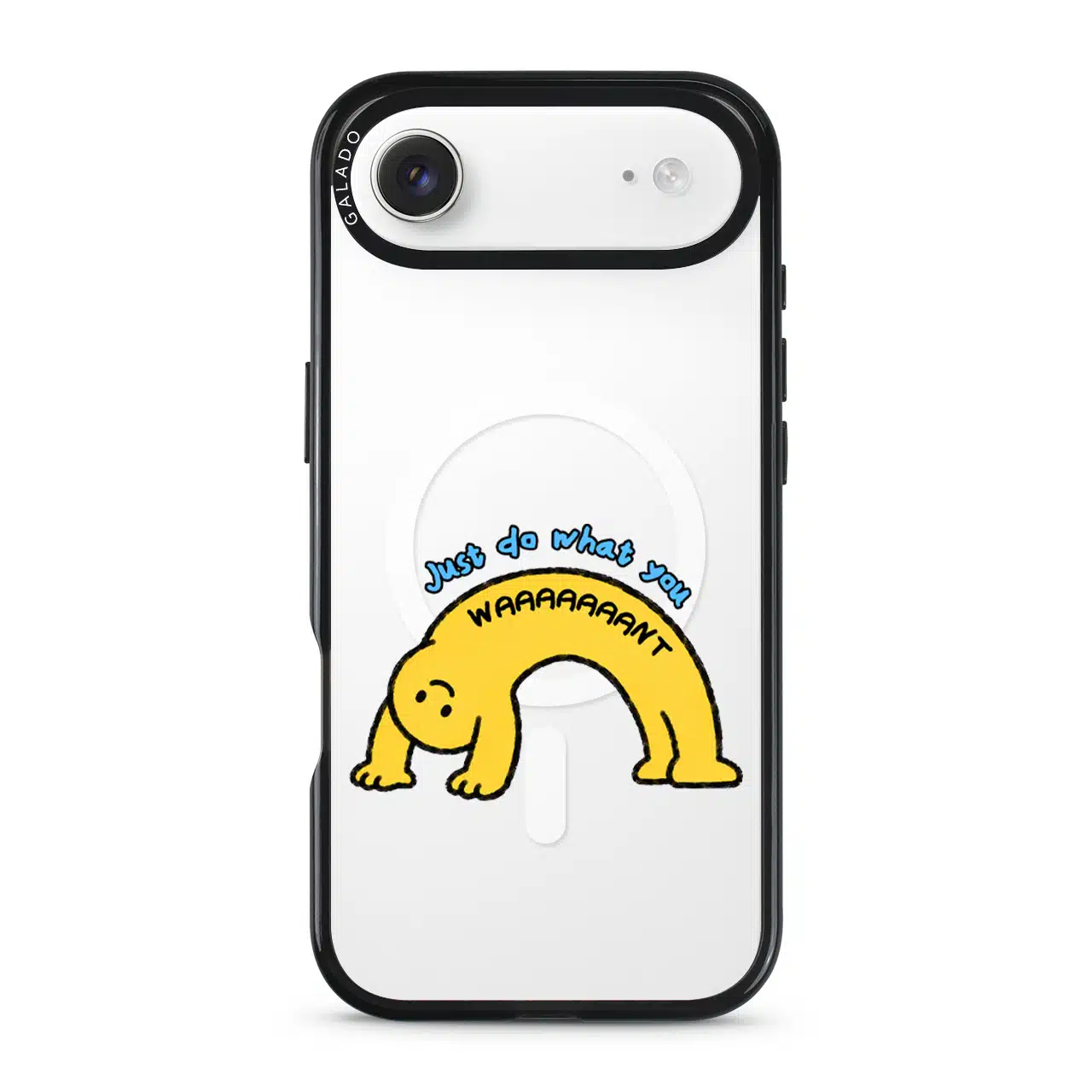 Stay Weird phone case, Kurning bent into a yellow arch under the words Just do what you want