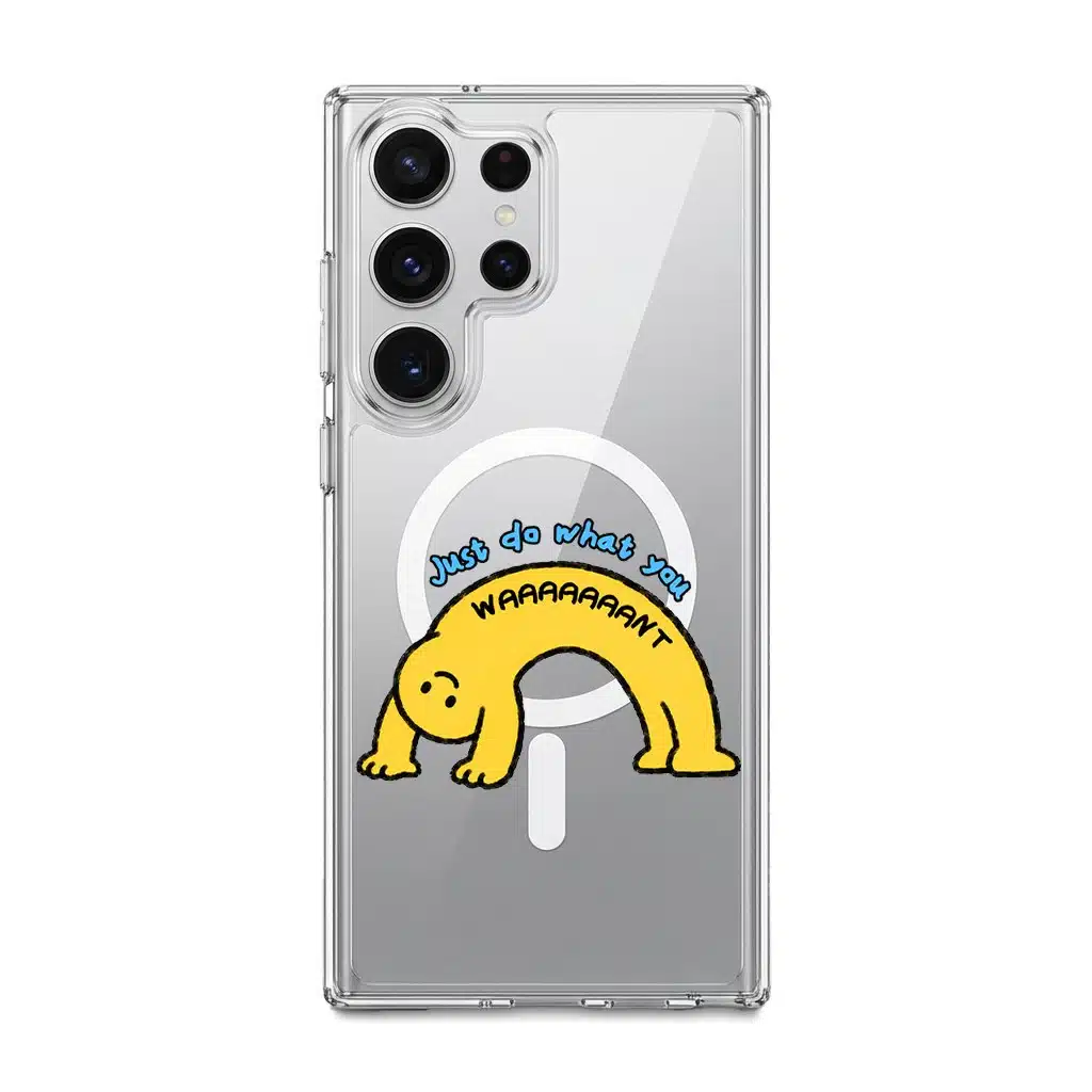 Stay Weird phone case, Kurning bent into a yellow arch under the words Just do what you want