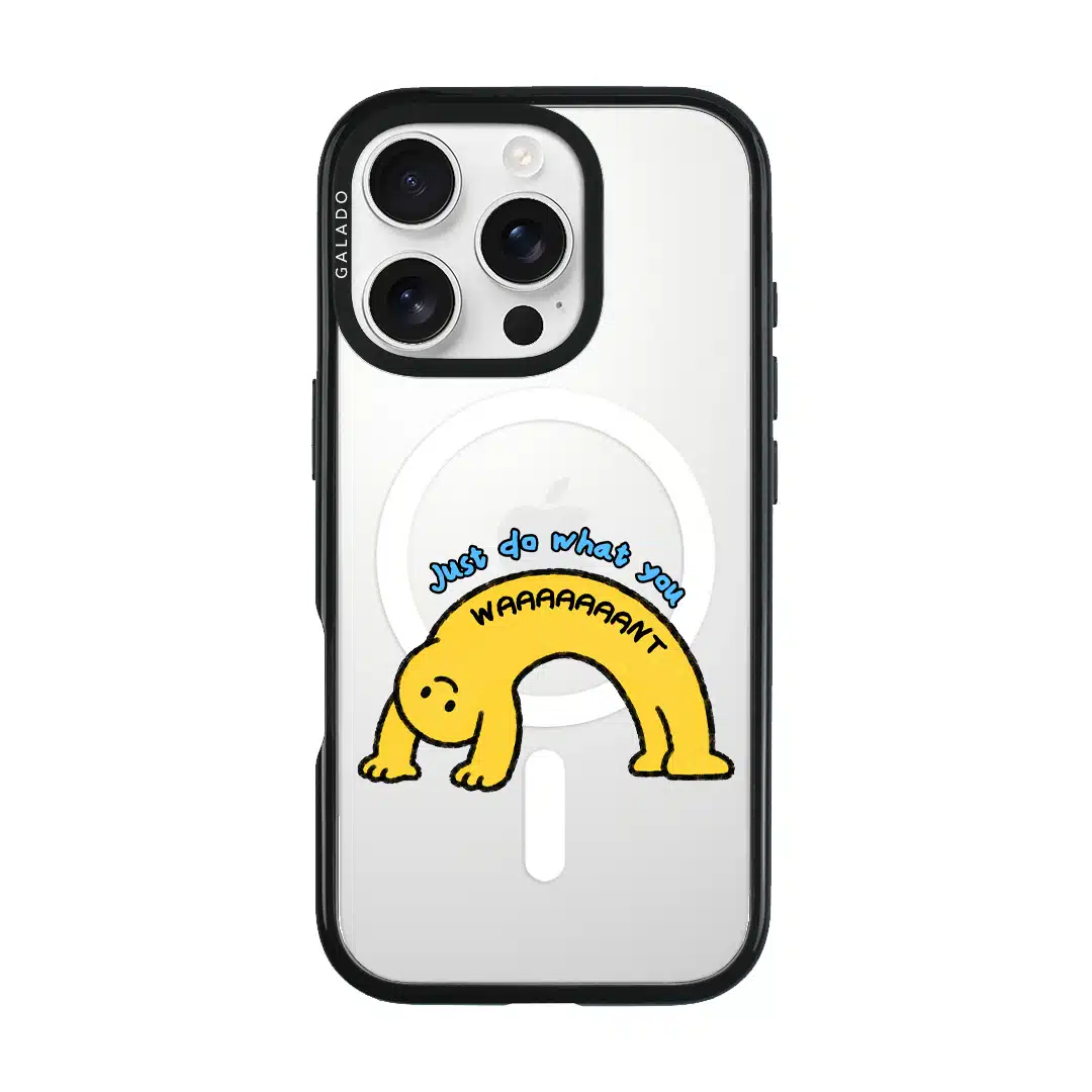 Stay Weird phone case, Kurning bent into a yellow arch under the words Just do what you want