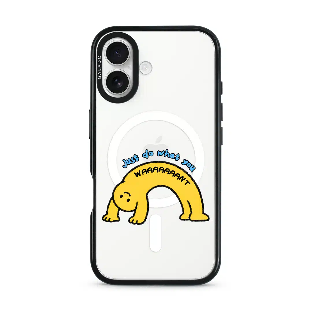 Stay Weird phone case, Kurning bent into a yellow arch under the words Just do what you want