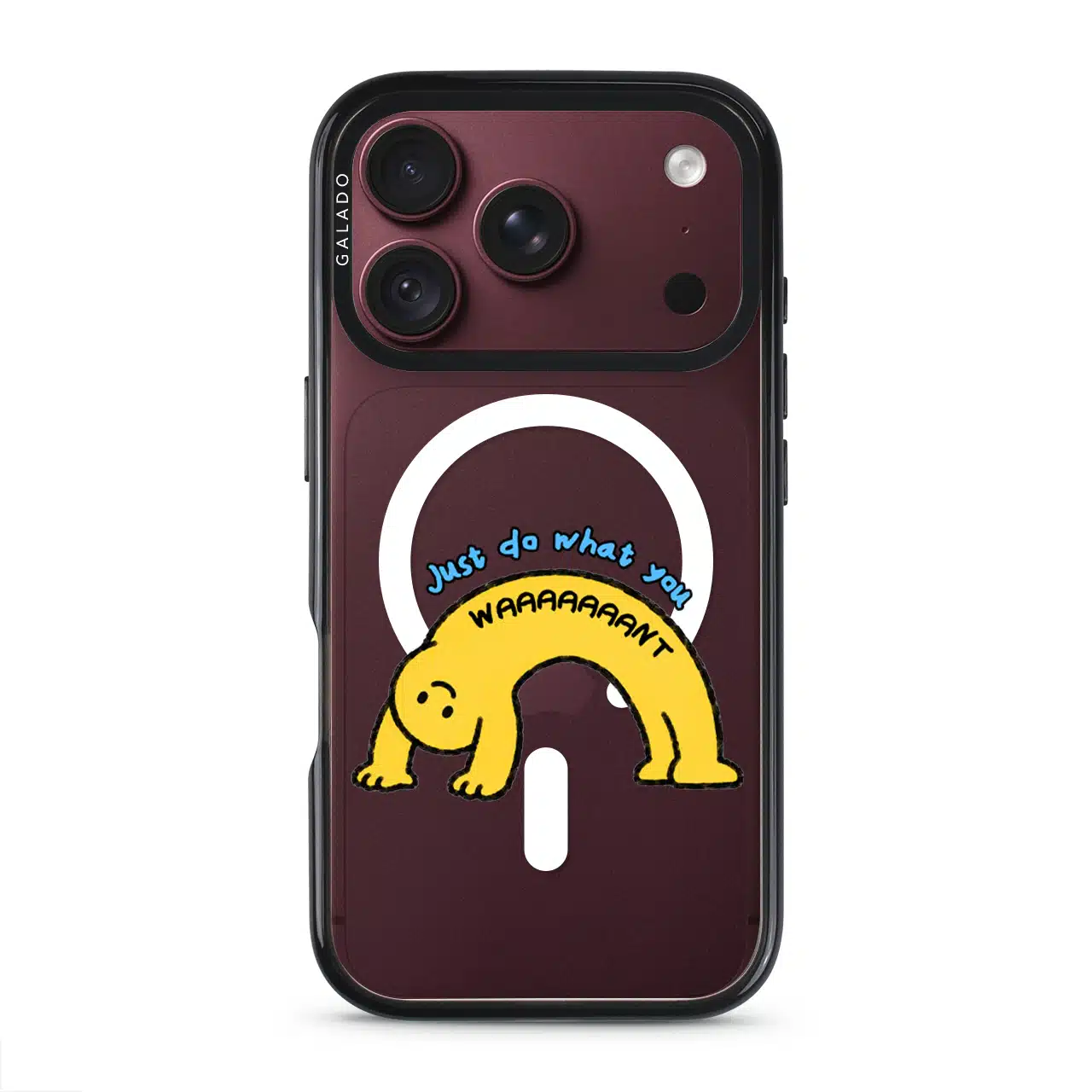 Stay Weird phone case, Kurning bent into a yellow arch under the words Just do what you want