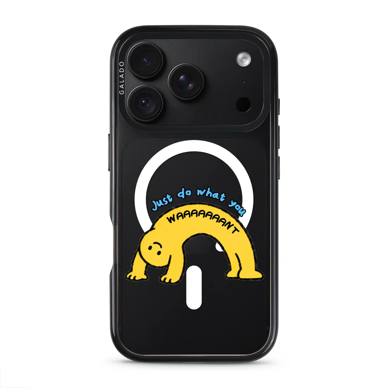Stay Weird phone case, Kurning bent into a yellow arch under the words Just do what you want