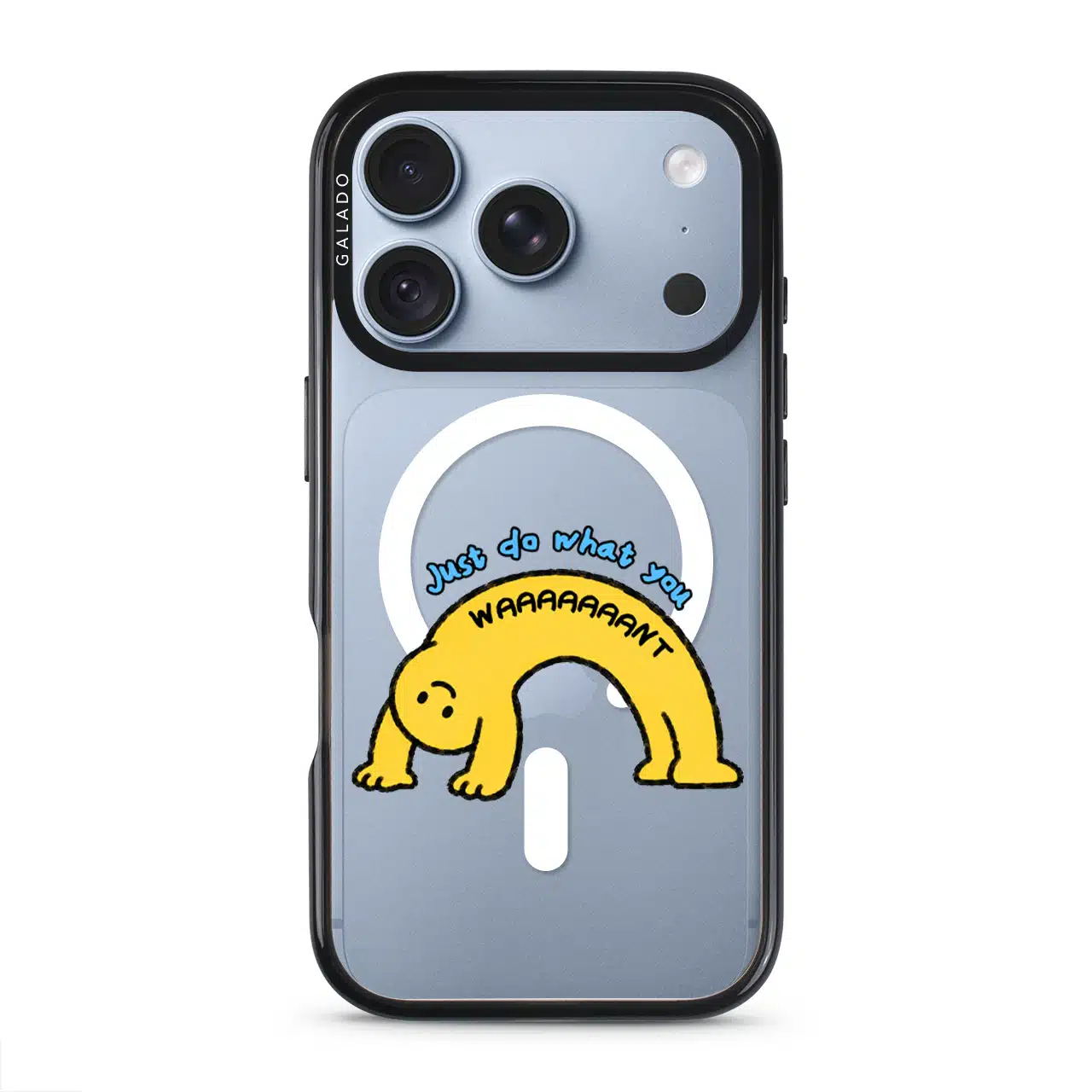Stay Weird phone case, Kurning bent into a yellow arch under the words Just do what you want