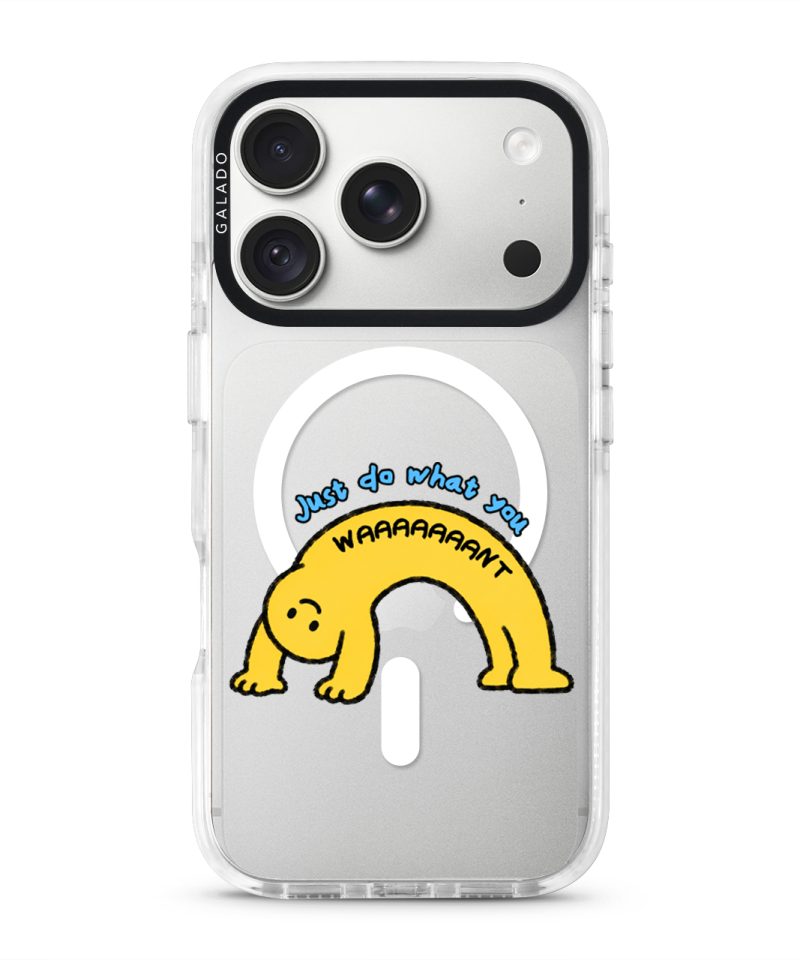 Stay Weird phone case, Kurning bent into a yellow arch under the words Just do what you want
