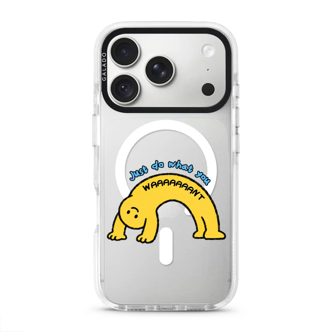 Stay Weird phone case, Kurning bent into a yellow arch under the words Just do what you want
