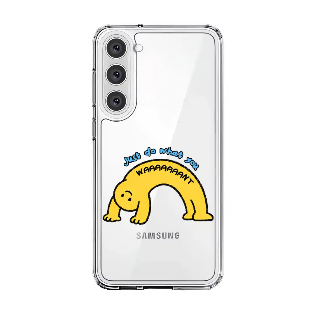 Stay Weird phone case, Kurning bent into a yellow arch under the words Just do what you want