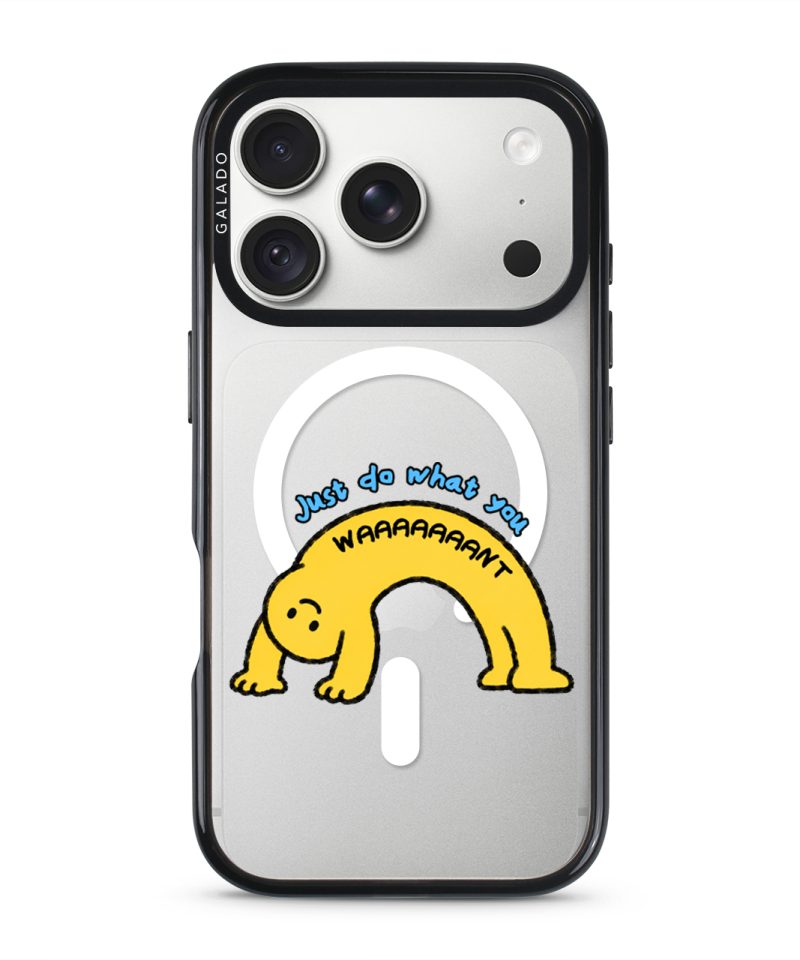 Stay Weird phone case, Kurning bent into a yellow arch under the words Just do what you want