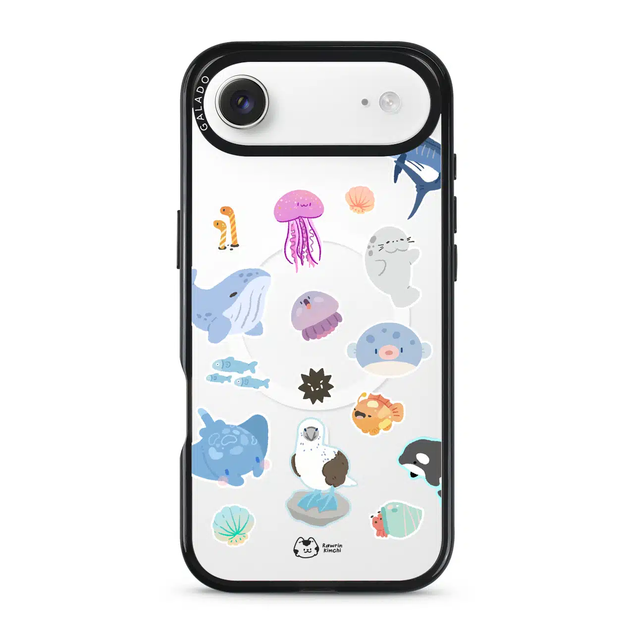 Marine Life phone case by Rawrin Kimchi, sea creatures scattered on a clear case