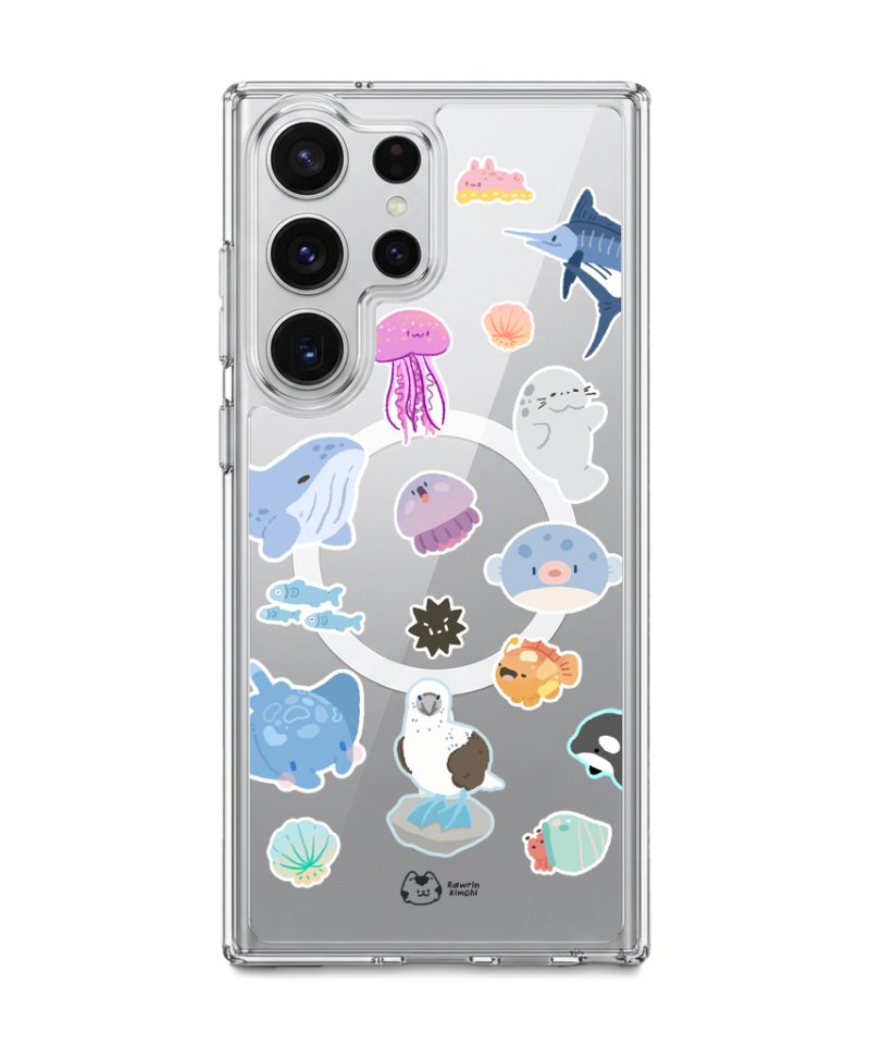 Marine Life phone case by Rawrin Kimchi, sea creatures scattered on a clear case
