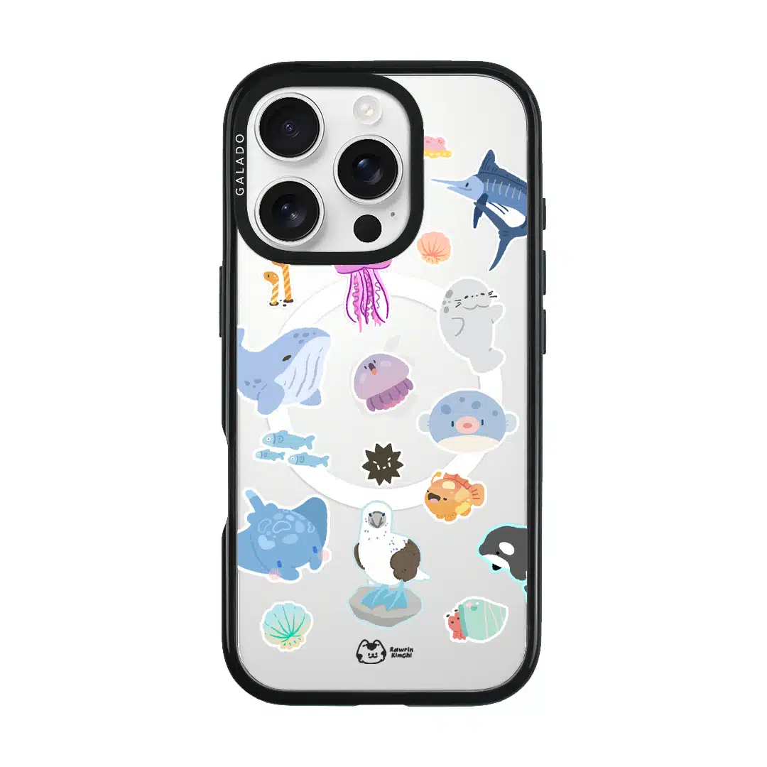 Marine Life phone case by Rawrin Kimchi, sea creatures scattered on a clear case