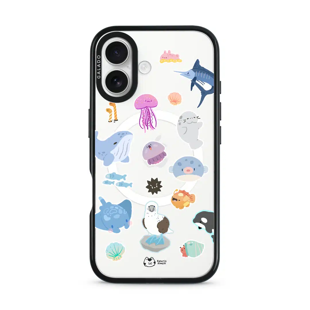 Marine Life phone case by Rawrin Kimchi, sea creatures scattered on a clear case