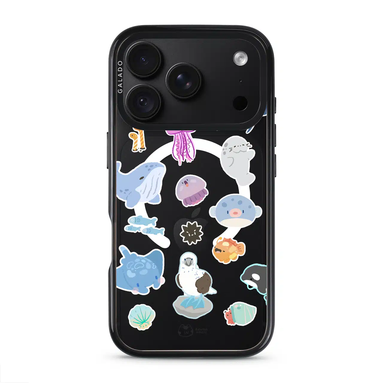 Marine Life phone case by Rawrin Kimchi, sea creatures scattered on a clear case