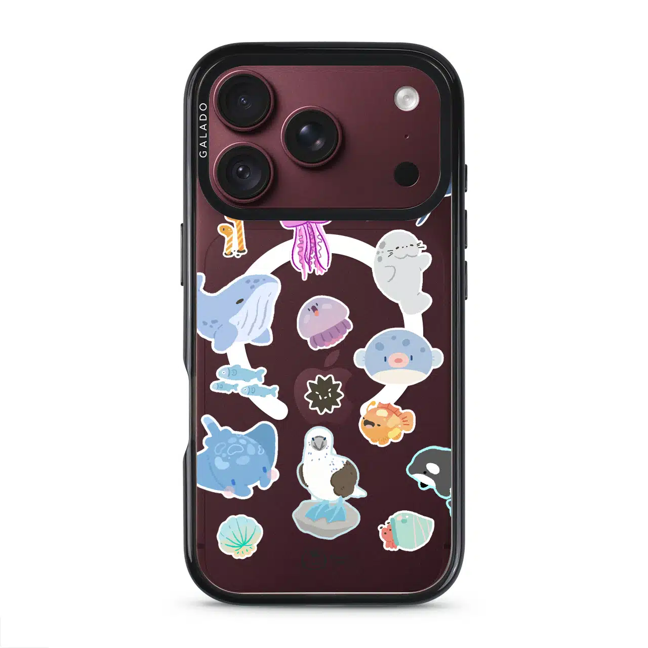 Marine Life phone case by Rawrin Kimchi, sea creatures scattered on a clear case
