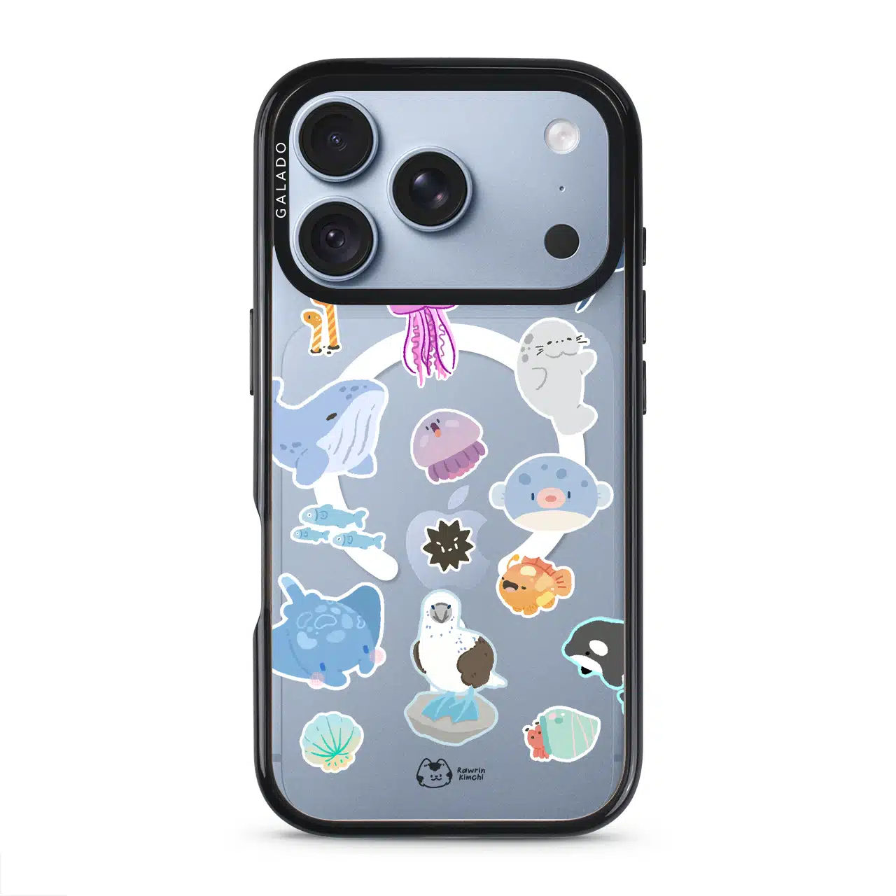 Marine Life phone case by Rawrin Kimchi, sea creatures scattered on a clear case