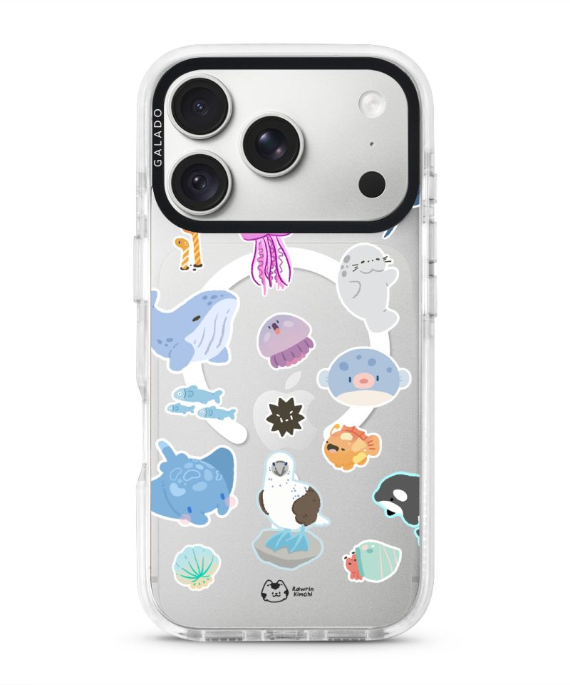 Marine Life phone case by Rawrin Kimchi, sea creatures scattered on a clear case