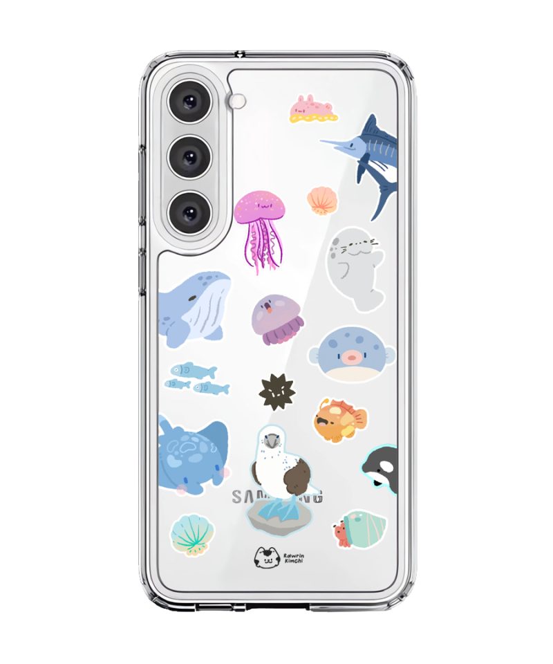 Marine Life phone case by Rawrin Kimchi, sea creatures scattered on a clear case