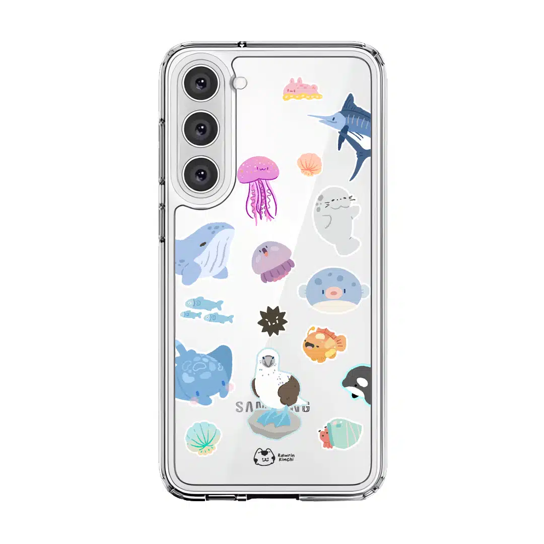 Marine Life phone case by Rawrin Kimchi, sea creatures scattered on a clear case