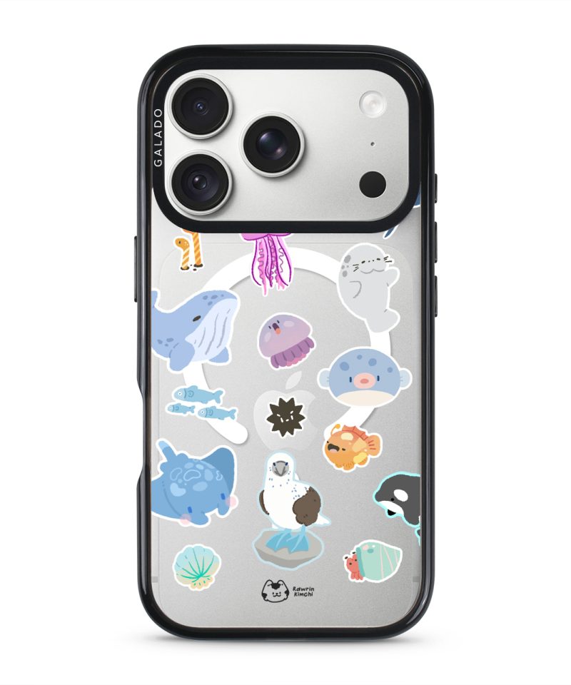 Marine Life phone case by Rawrin Kimchi, sea creatures scattered on a clear case