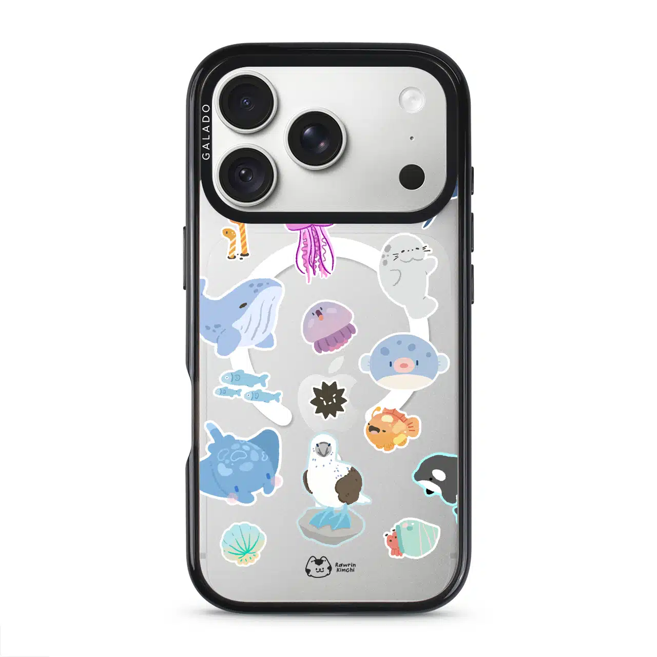 Marine Life phone case by Rawrin Kimchi, sea creatures scattered on a clear case