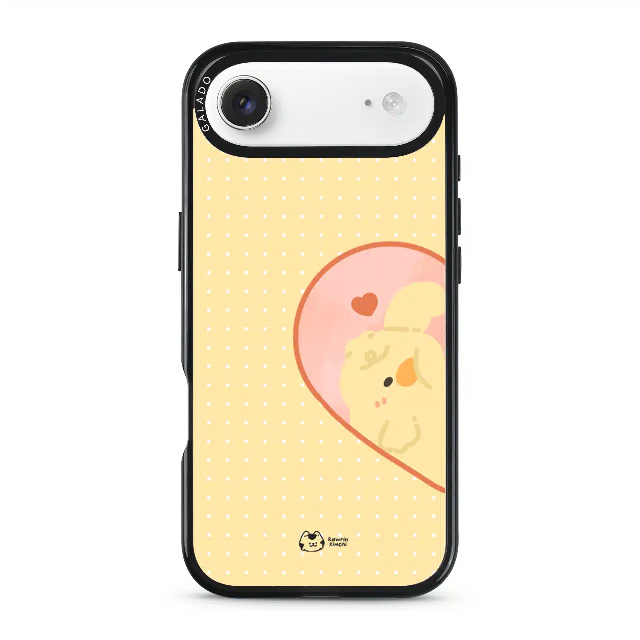 Tamago Couple Case by Rawrin Kimchi, Tamago inside half a heart on a yellow case