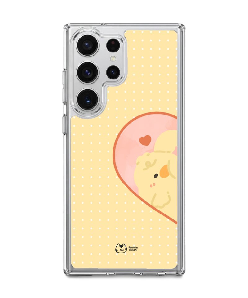 Tamago Couple Case by Rawrin Kimchi, Tamago inside half a heart on a yellow case