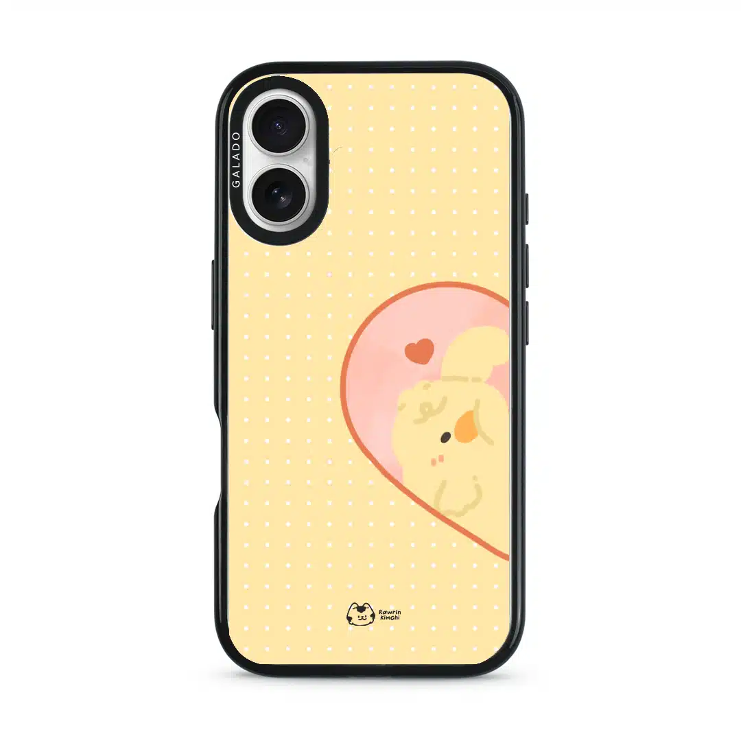 Tamago Couple Case by Rawrin Kimchi, Tamago inside half a heart on a yellow case