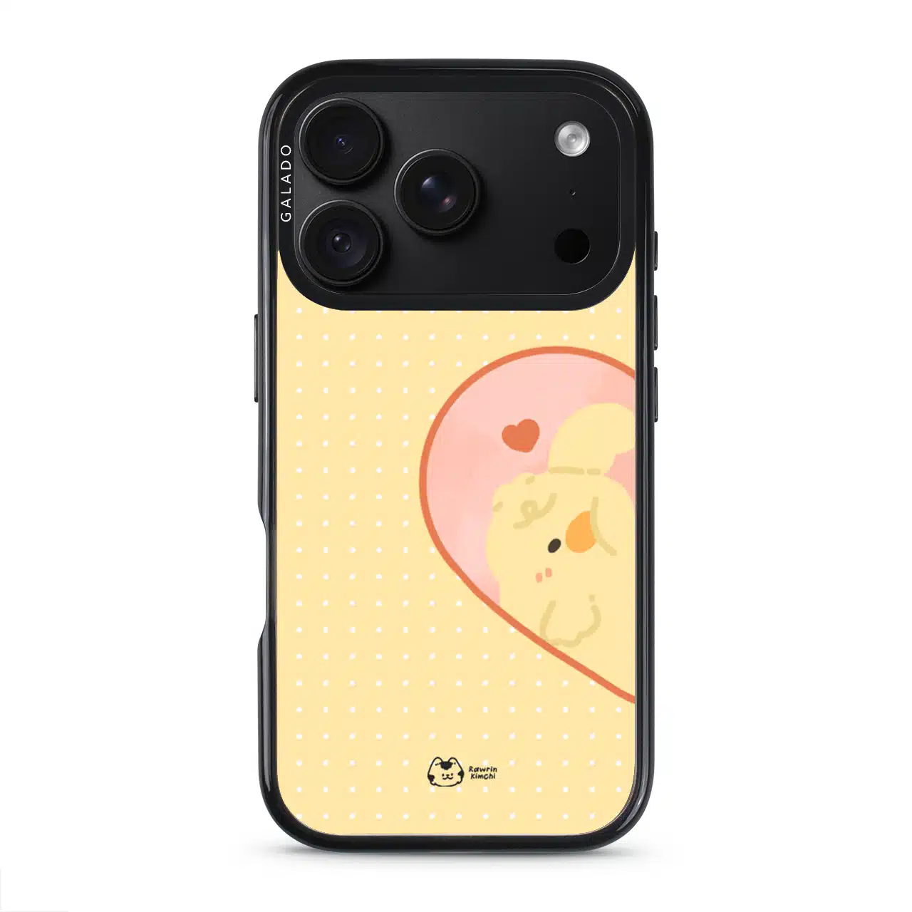 Tamago Couple Case by Rawrin Kimchi, Tamago inside half a heart on a yellow case
