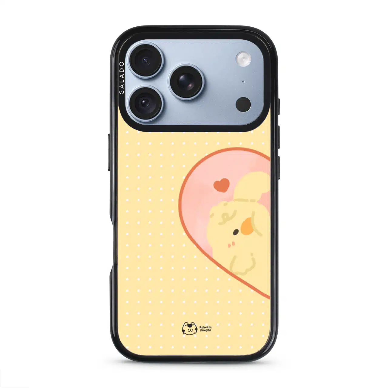 Tamago Couple Case by Rawrin Kimchi, Tamago inside half a heart on a yellow case