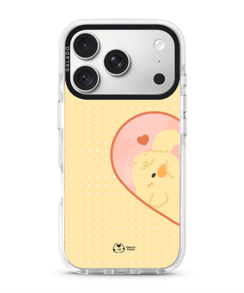 Tamago Couple Case by Rawrin Kimchi, Tamago inside half a heart on a yellow case