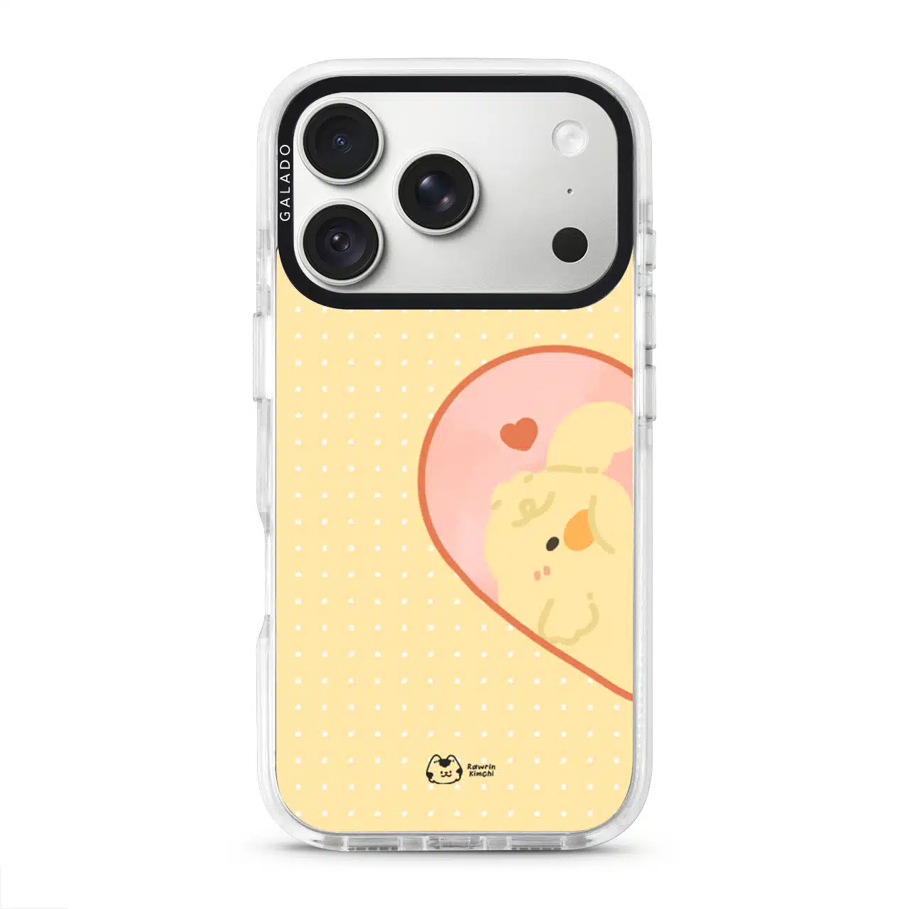Tamago Couple Case by Rawrin Kimchi, Tamago inside half a heart on a yellow case