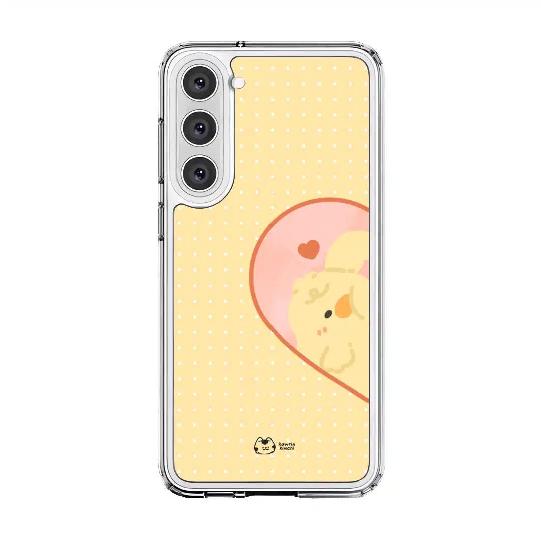 Tamago Couple Case by Rawrin Kimchi, Tamago inside half a heart on a yellow case